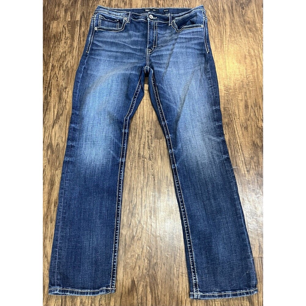 BKE Henry Jeans Mens 38x34 Dark Wash Straight Stretch Buckle Thick Stitch